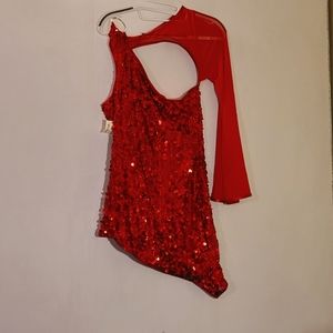 COSTUME striking red sparkly dress, one sleeve, circle connector accent, NWT